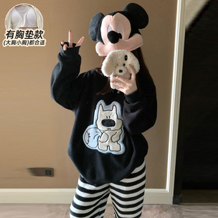 2025新款睡衣女款冬季保暖加绒加厚珊瑚绒防凸点带胸垫居家服少女