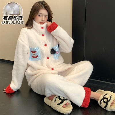 加厚冬季睡衣女款珊瑚绒带胸垫