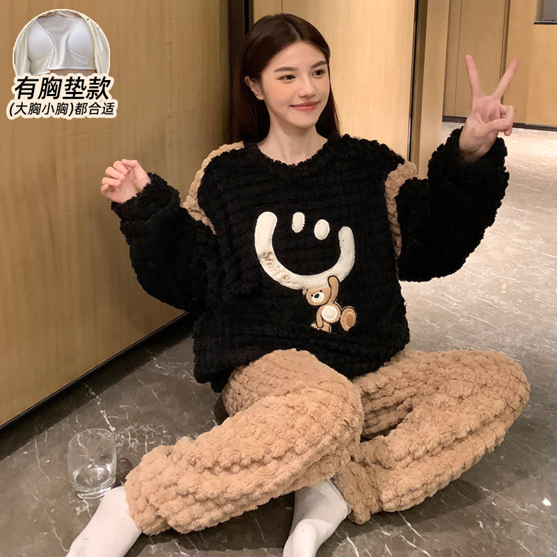 冬季睡衣女款珊瑚绒加厚法兰绒带胸垫2025新款防凸点可外穿家居服,女士内衣/男士内衣/家居服,睡衣/家居服套装,淘宝优惠券,粉丝福利购,淘宝优惠卷