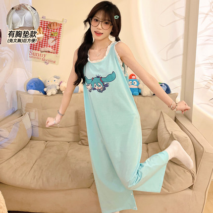 吊带连体睡衣女夏款带胸垫纯棉背心学生少女大码长款睡裙可爱卡通