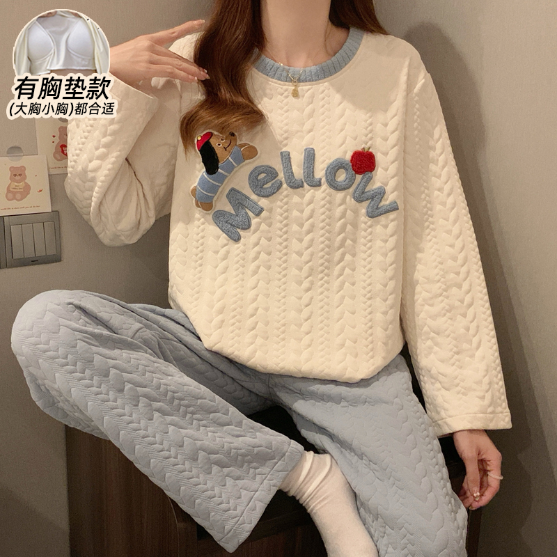 空气棉夹层睡衣女款秋冬季带胸垫