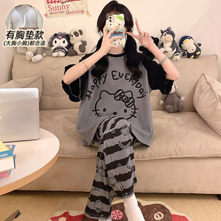 卡通睡衣女款夏带胸垫短袖长裤薄款纯棉2025年新款少女套装可外穿