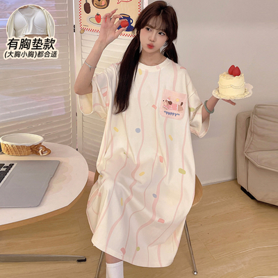 带胸垫睡裙女夏纯棉可爱卡通大码