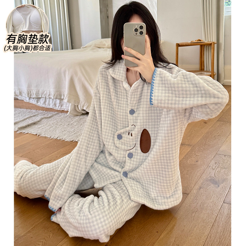 法兰绒睡衣女款带胸垫加厚加绒