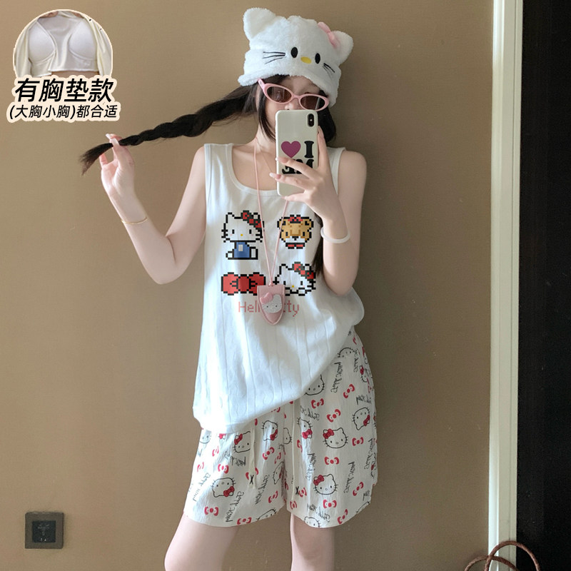 背心短裤睡衣女款夏纯棉带胸垫加大码可爱卡通薄款家居服2026新款