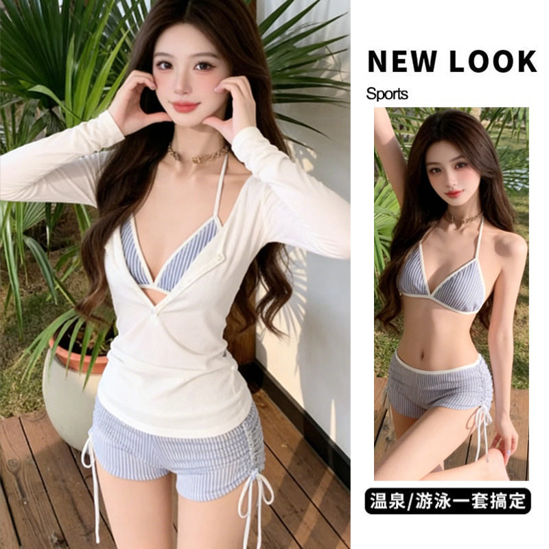 条纹泳衣女比基尼长袖带罩衫纯欲显瘦温泉2026新款绝美海边度假