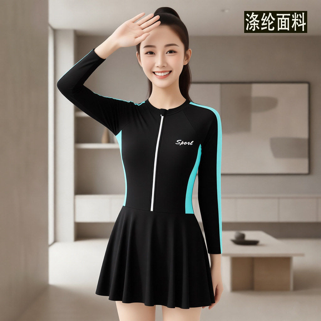 大码裙式长袖连体泳衣女胖妹妹160斤平角裤保守运动学生休闲泳装