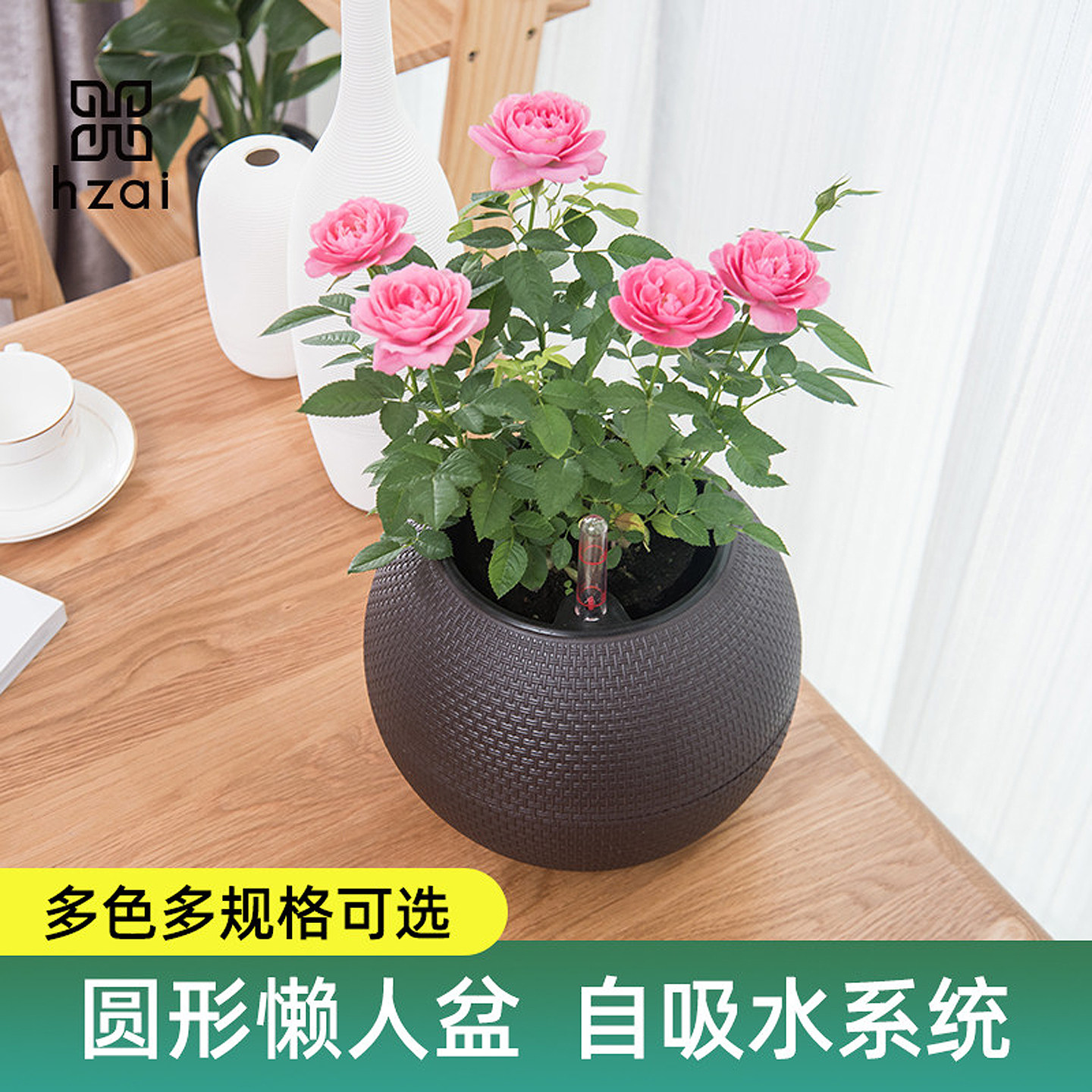 自吸水简约桌面圆形懒人塑料花盆图片