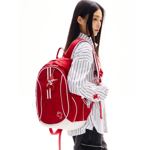 梁拌泡菜美式复古红色双肩书包