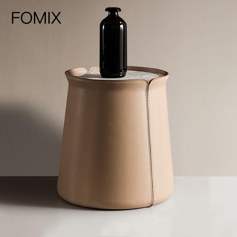 FOMIX意式极简圆形边几马鞍皮大理石沙发边桌客厅现代创意小圆几