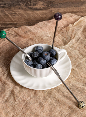 XEMO水果叉不锈钢家用水果签甜品蛋糕叉欧式水果签天然原石