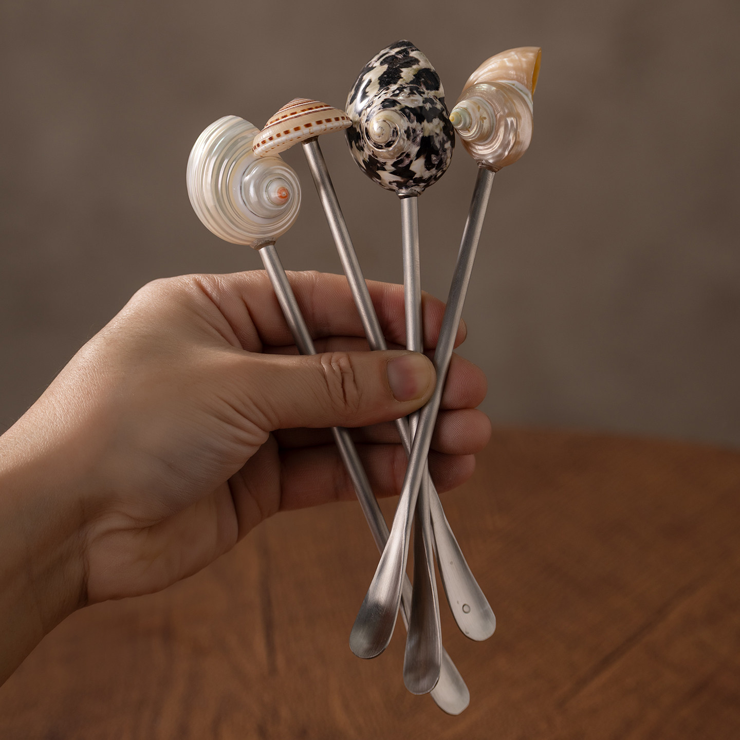 XEMO创意天然贝壳咖啡勺不锈钢调棒搅拌棒手柄装饰挂件多色可选