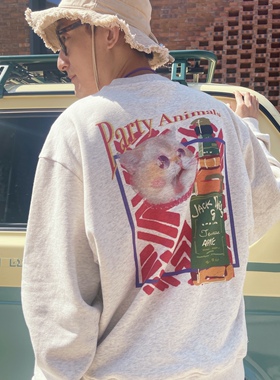 SIF商店新款原创秋冬浅灰色可爱猫咪印花美日式复古宽松圆领卫衣