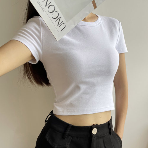 白t恤女短款纯棉t圆领修身