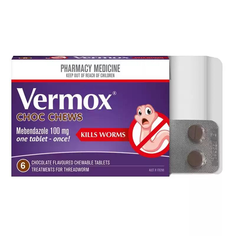 Vermox澳洲进口儿童成年人打虫药蛔虫甲苯咪唑肠道巧克力味驱虫药