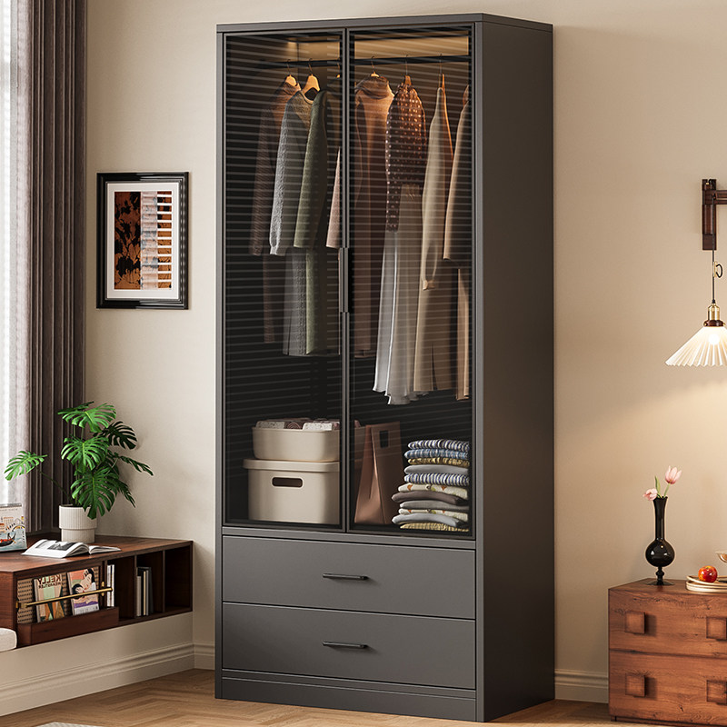 实木衣柜家用卧室玻璃门柜子轻奢抽屉现代简约收纳柜儿童定制衣橱