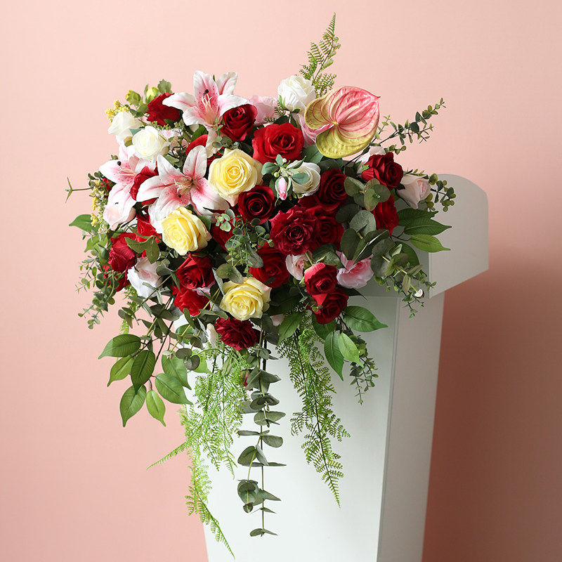 红玫瑰演讲台仿真花主席台装饰花婚礼司仪台讲座布场道具花卉桌花