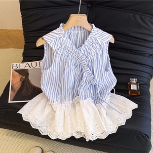 条纹衬衫 2025夏季 甜美蕾丝荷叶边V领系带无袖 新款 背心女上衣 法式