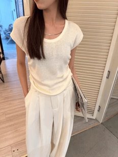 u领收腰版面超绝针织t恤显瘦气质打底衫薄款百搭短袖上衣