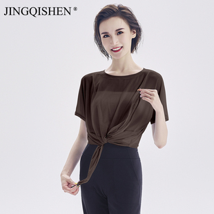 jingqishen弹力网纱衣女运动健身锦纶短袖 6049 系带外搭新品