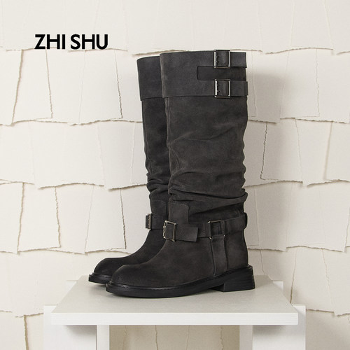 【新品】直述ZHISHU褶皱做旧长靴堆堆靴长筒骑士马靴复古工装搭扣