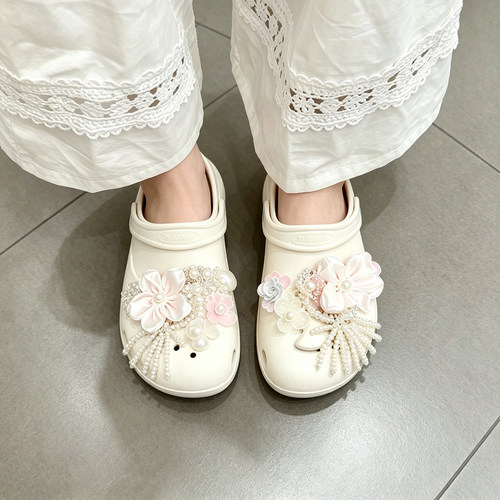 MKOP洞洞鞋配饰高级感鞋扣配件仙气粉白珍珠鞋花适配Cross/Crocs