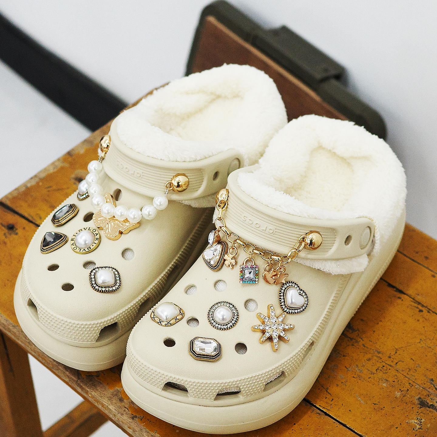 Mkop毛绒洞洞鞋内胆可拆卸冬天加绒鞋花云朵泡芙适配Cross/Crocs