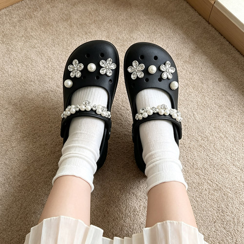 MKOP洞洞鞋配饰高级感鞋扣配件珍珠钻链水钻鞋花适配Cross/Crocs