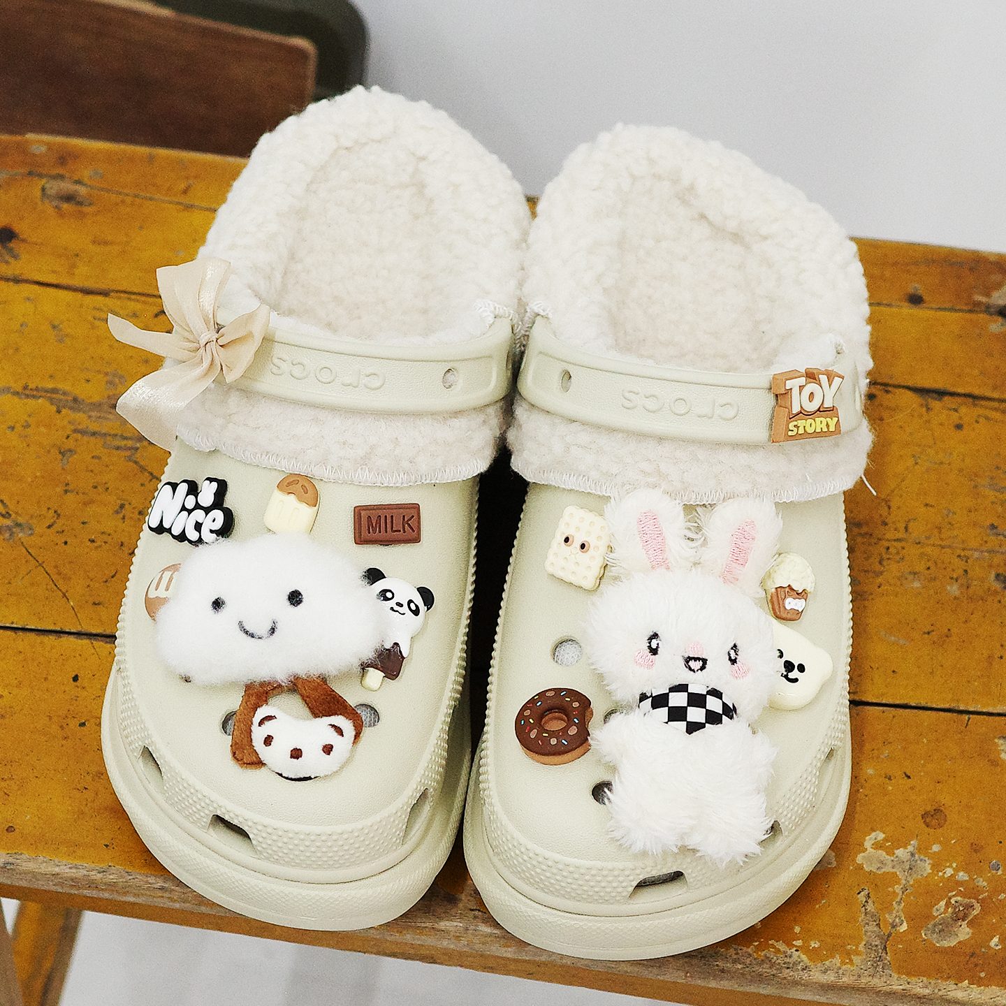 Mkop毛绒洞洞鞋内胆棉可拆卸加绒鞋花云朵泡芙适配Crocs/Cross