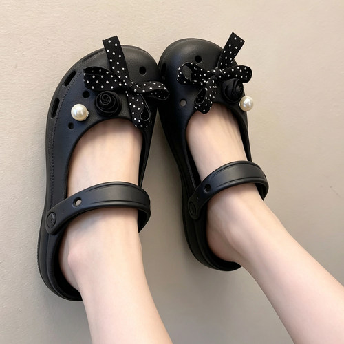 MKOP洞洞鞋配饰高级感鞋扣配件黑波点蝴蝶结鞋花适配Cross/Crocs