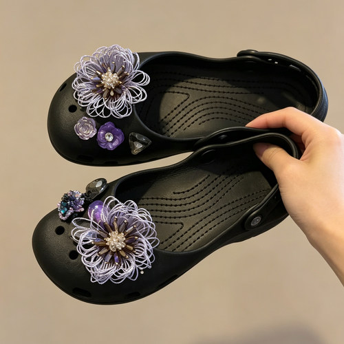 MKOP洞洞鞋配饰高级感鞋扣配件复古紫线编花鞋花适配Cross/Crocs