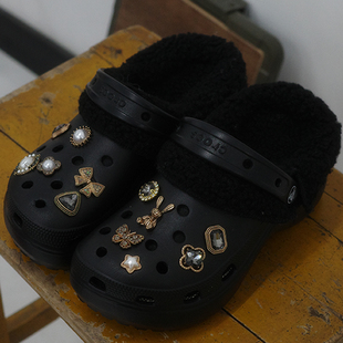 Mkop毛绒洞洞鞋内胆冬天配饰加绒鞋套适配Cross/Crocs云朵泡芙