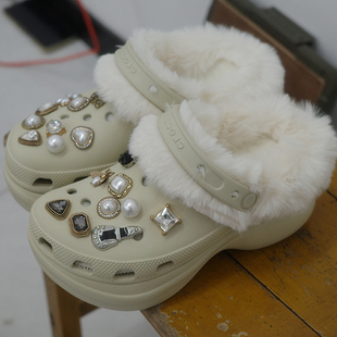 Mkop洞洞鞋毛绒内胆棉冬天配饰加绒鞋套适配Crocs/Cross云朵泡芙
