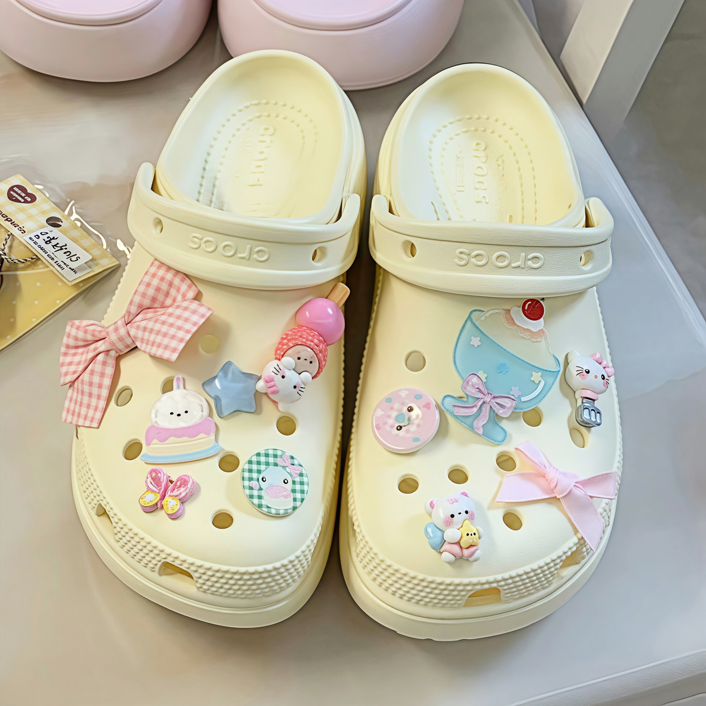Mkop洞洞鞋配饰高级感鞋扣配件可爱猫咪格子鞋花适配Crocs/Cross