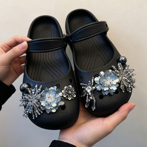 MKOP洞洞鞋配饰高级感鞋扣配件冰蓝闪钻花朵鞋花适配Cross/Crocs