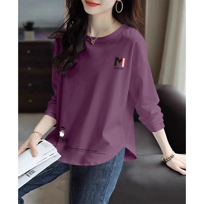 春秋100%纯棉长袖弧形印花T恤女