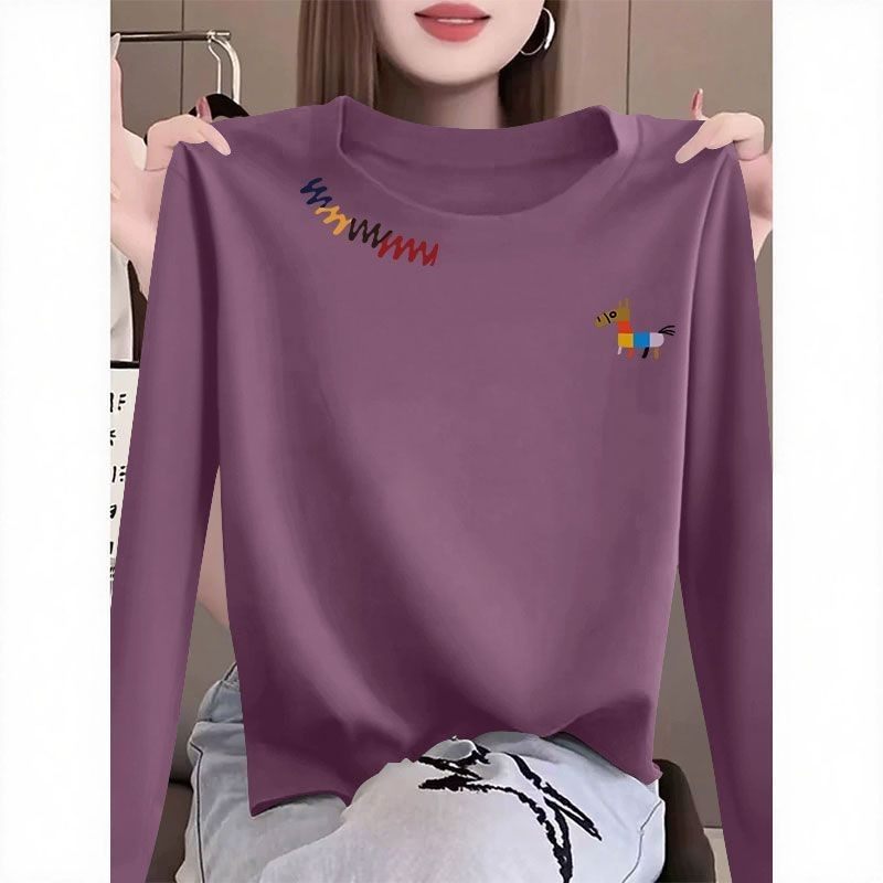 春秋100%纯棉女士长袖T恤时尚新款韩版洋气通勤百搭宽松显瘦上衣