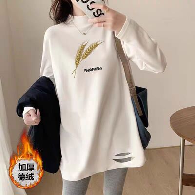 秋冬款纯棉长袖半高领t恤衫女大码宽松显瘦白色打底衫ins风上衣女