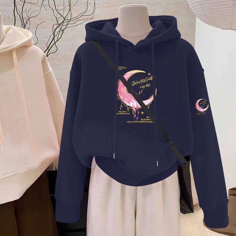 秋冬藏青色连帽短款卫衣女加绒加厚韩版宽松显瘦减龄小个子外套服