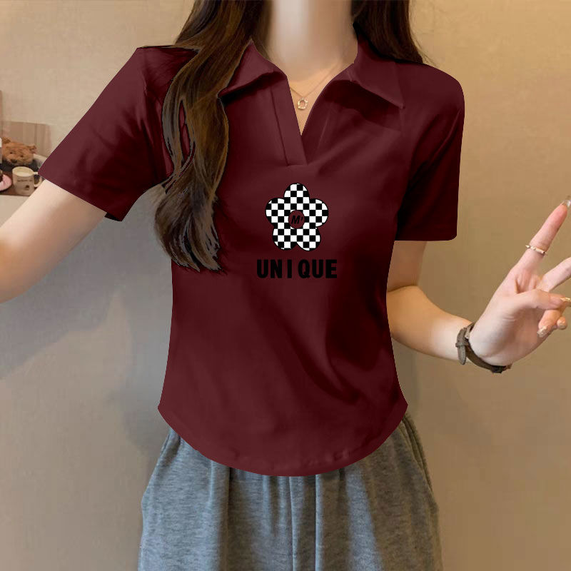 精梳纯棉翻领短袖t恤女夏季时尚韩版印花宽松休闲气质polo衫上衣