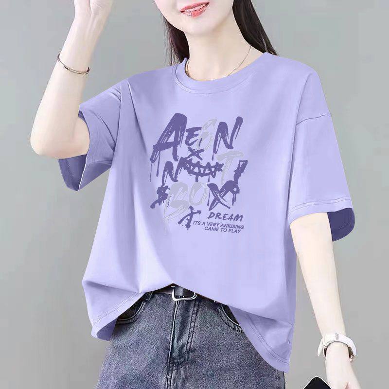 100%纯棉女士短袖t恤女休闲夏季圆领百搭大码设计感洋气上衣体恤
