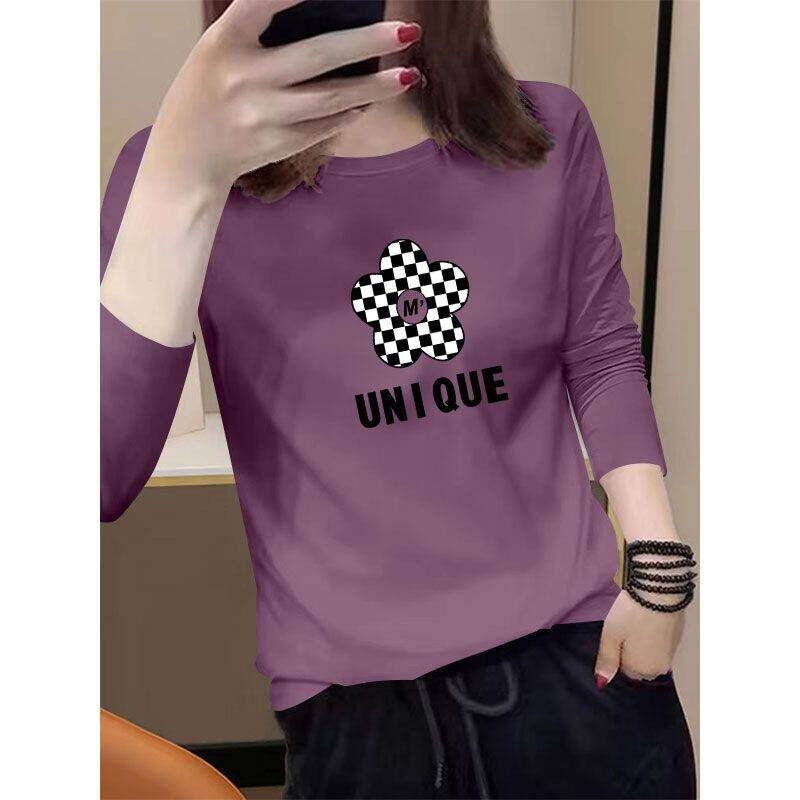 100%精梳纯棉长袖印花打底衫T恤女春秋新款时尚韩版百搭显瘦上衣