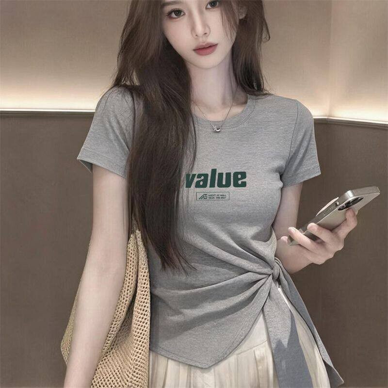 夏季新款绑带短袖气质开叉T恤女时尚潮流百搭显瘦设计感印花上衣