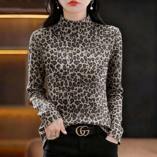 秋冬女士德绒磨毛豹纹半高领打底衫气质时尚洋气百搭保暖内搭上衣