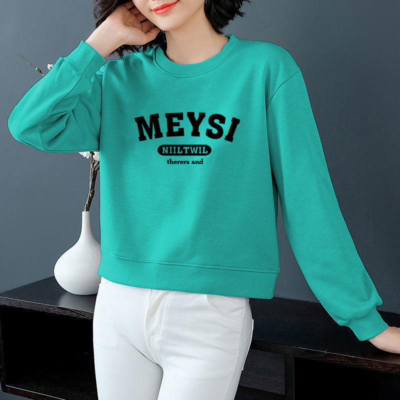 春秋100%纯棉圆领卫衣女高腰短款宽松显瘦百搭潮流小个子长袖上衣