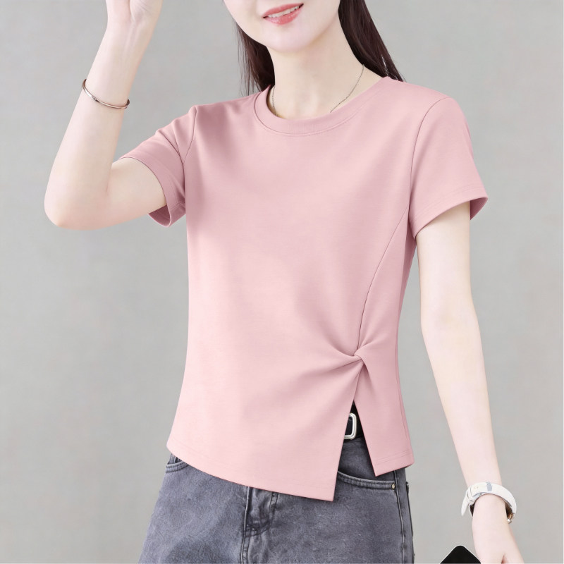 韩版短袖扭结开叉纯色T恤女图片