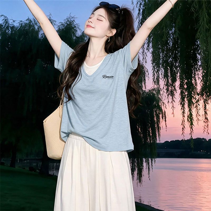 假两件竹节棉短袖V领印花T恤
