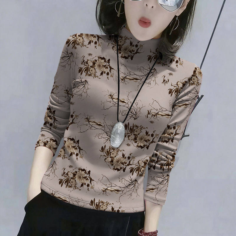 秋冬德绒半高领印花打底衫女时尚洋气新款百搭水墨风休闲保暖上衣