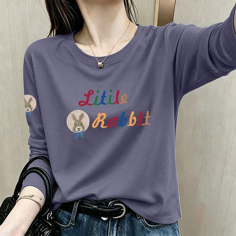秋季纯棉长袖印花圆领T恤女
