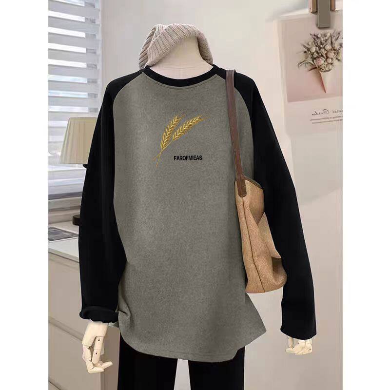 精品德绒磨毛插肩袖打底衫女秋冬新款洋气百搭印花显瘦中长款T恤